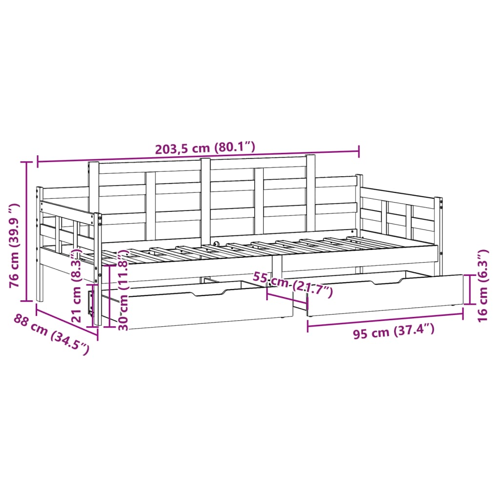 vidaXL Dagseng med skuffer 80x200 cm heltre furu