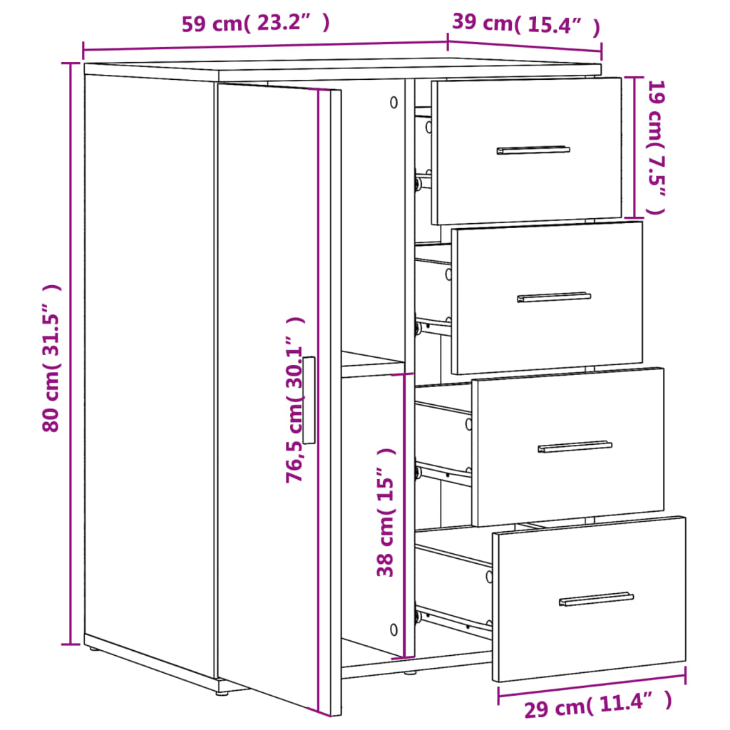 vidaXL Skjenk hvit 59x39x80 cm konstruert tre