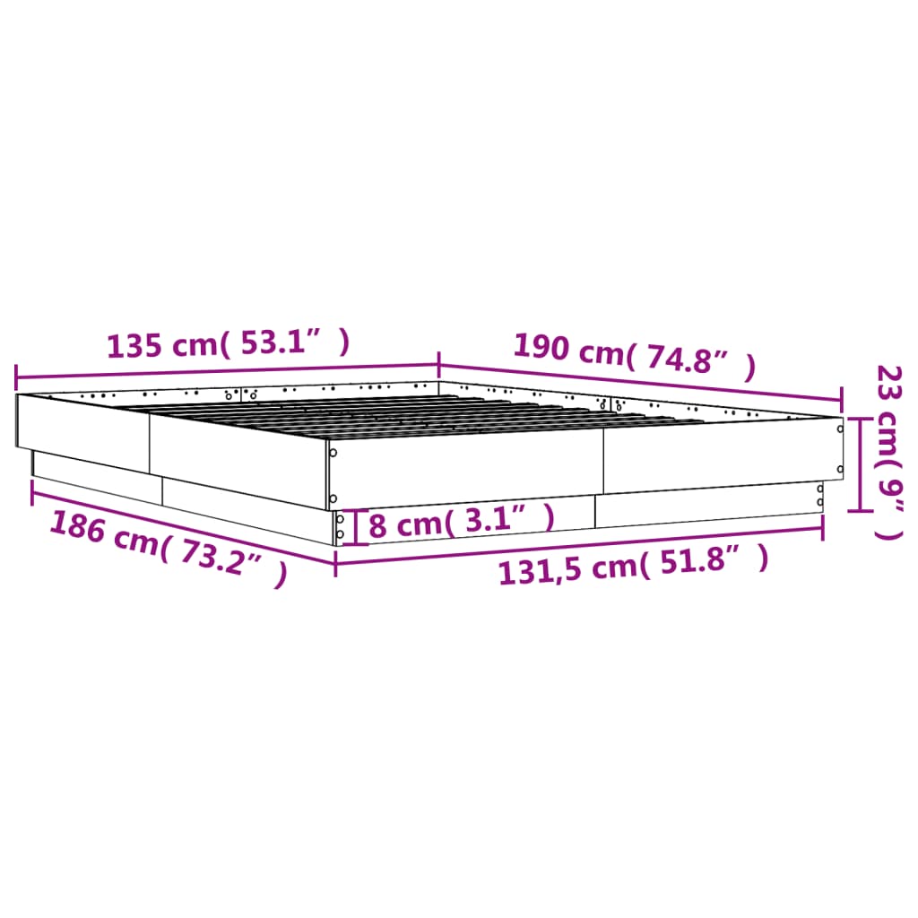 vidaXL Sengeramme med LED-lys sonoma eik 135x190 cm