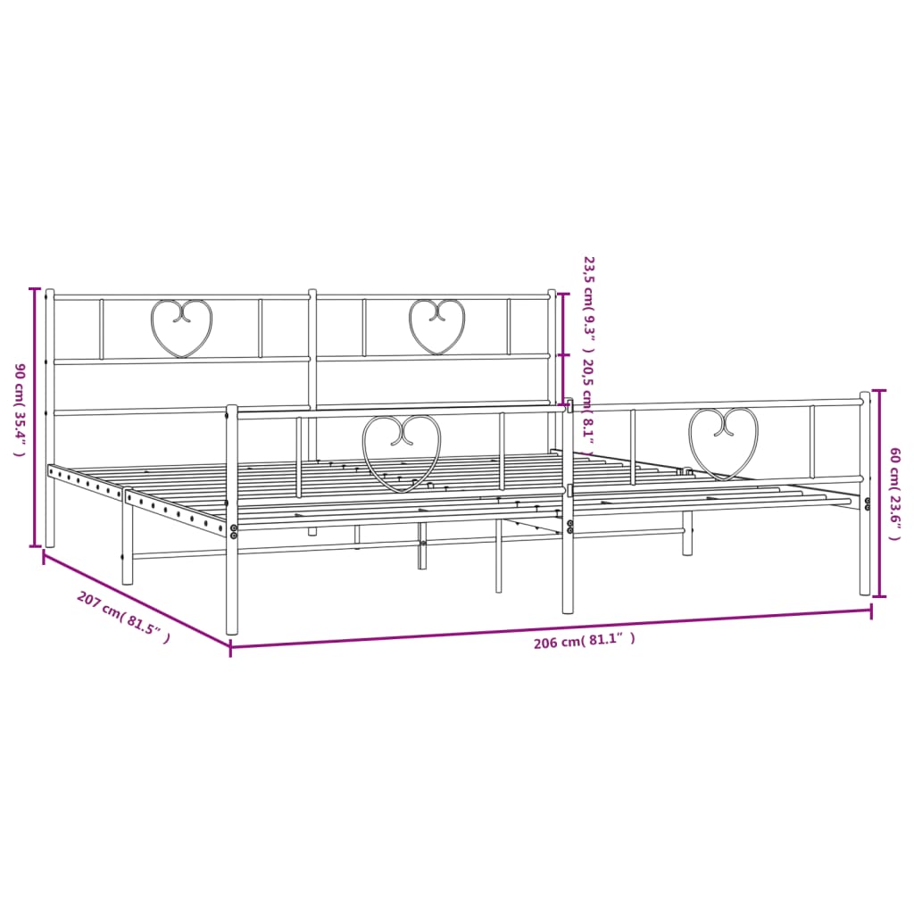 vidaXL Sengeramme i metall med hode- og fotgavl hvit 200x200 cm