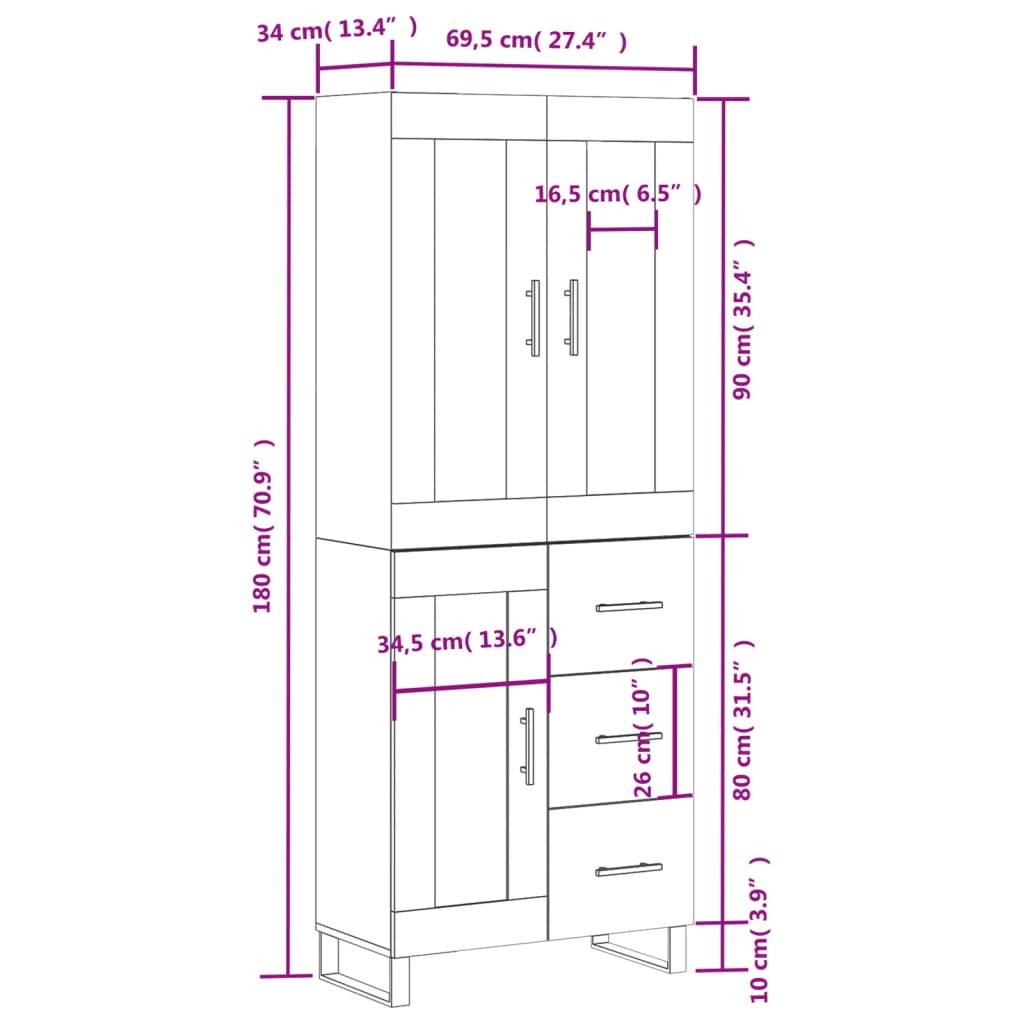 vidaXL Highboard brun eik 69,5x34x180 cm konstruert tre