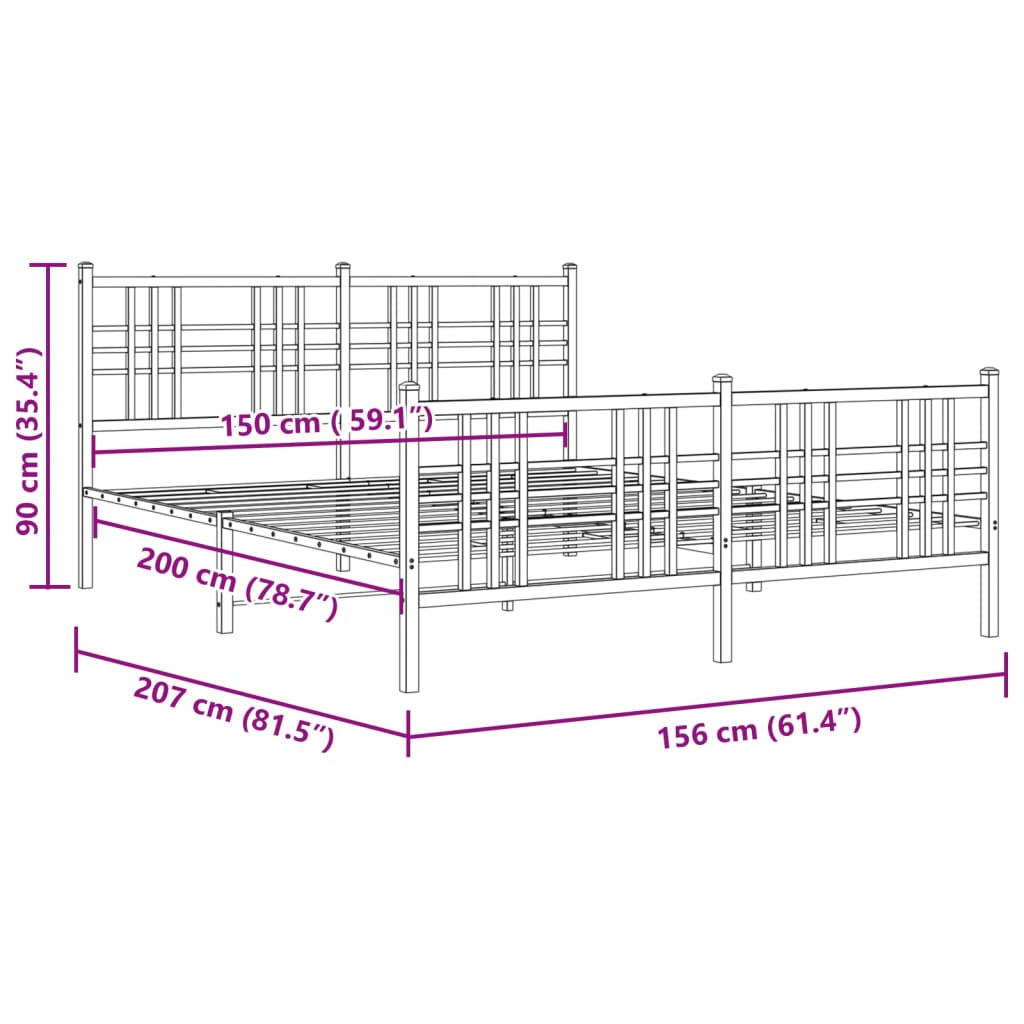 vidaXL Sengeramme i metall med hode- og fotgavl hvit 150x200 cm