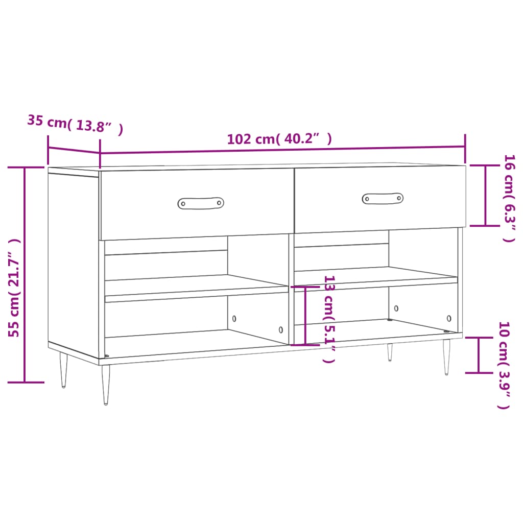 vidaXL Skobenk brun eik 102x35x55 cm konstruert tre