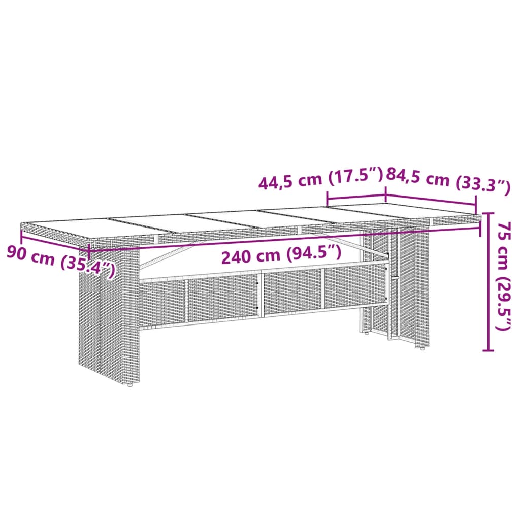 vidaXL Hagebord med glassplate svart 240x90x75 cm polyrotting