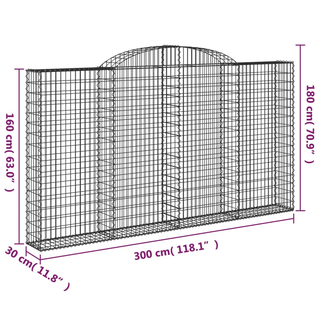 vidaXL Gabionkurver buede 2 stk 300x30x160/180 cm galvanisert jern