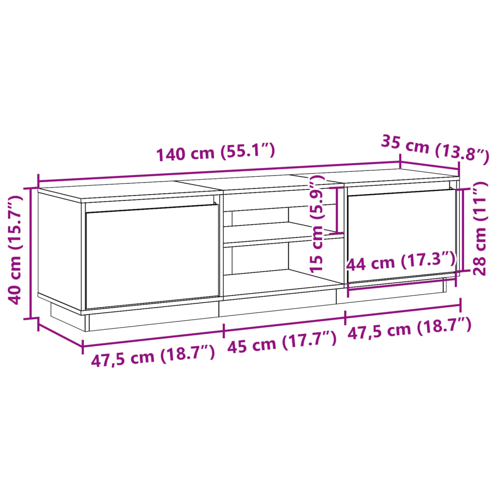 vidaXL TV-benk voksbrun 140x35x40 cm heltre furu