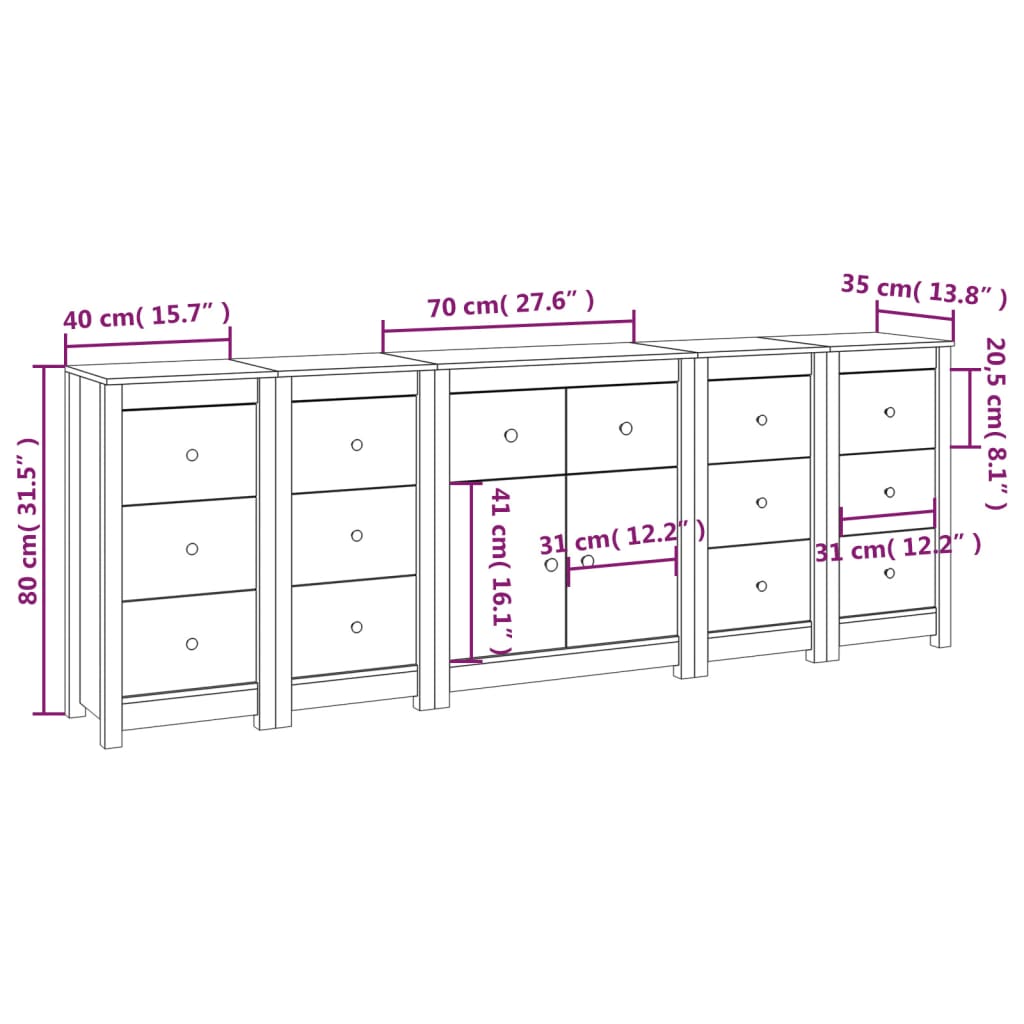 vidaXL Skjenk hvit 230x35x80 cm heltre furu