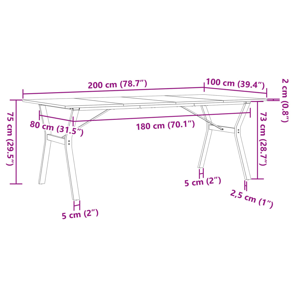 vidaXL Spisebord Y-ramme 200x100x75 cm heltre furu og støpejern