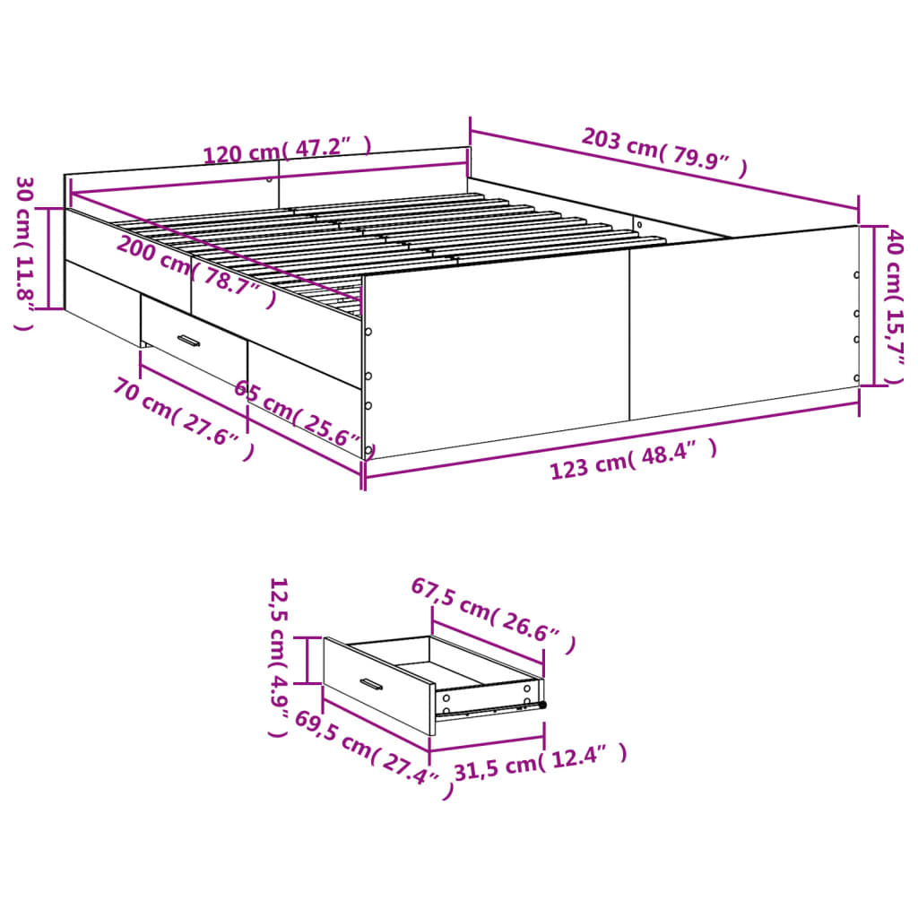 vidaXL Sengeramme med skuffer sonoma eik 120x200 cm konstruert tre