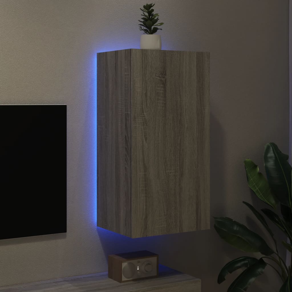 vidaXL Vegghengt TV-benk med LED-lys grå sonoma 40,5x35x80 cm