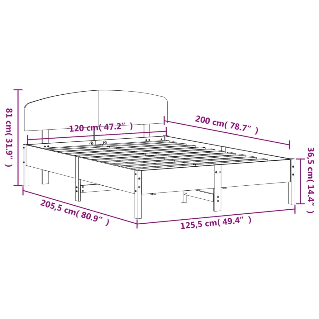 vidaXL Sengeramme med hodegavl hvit 120x200 cm heltre furu