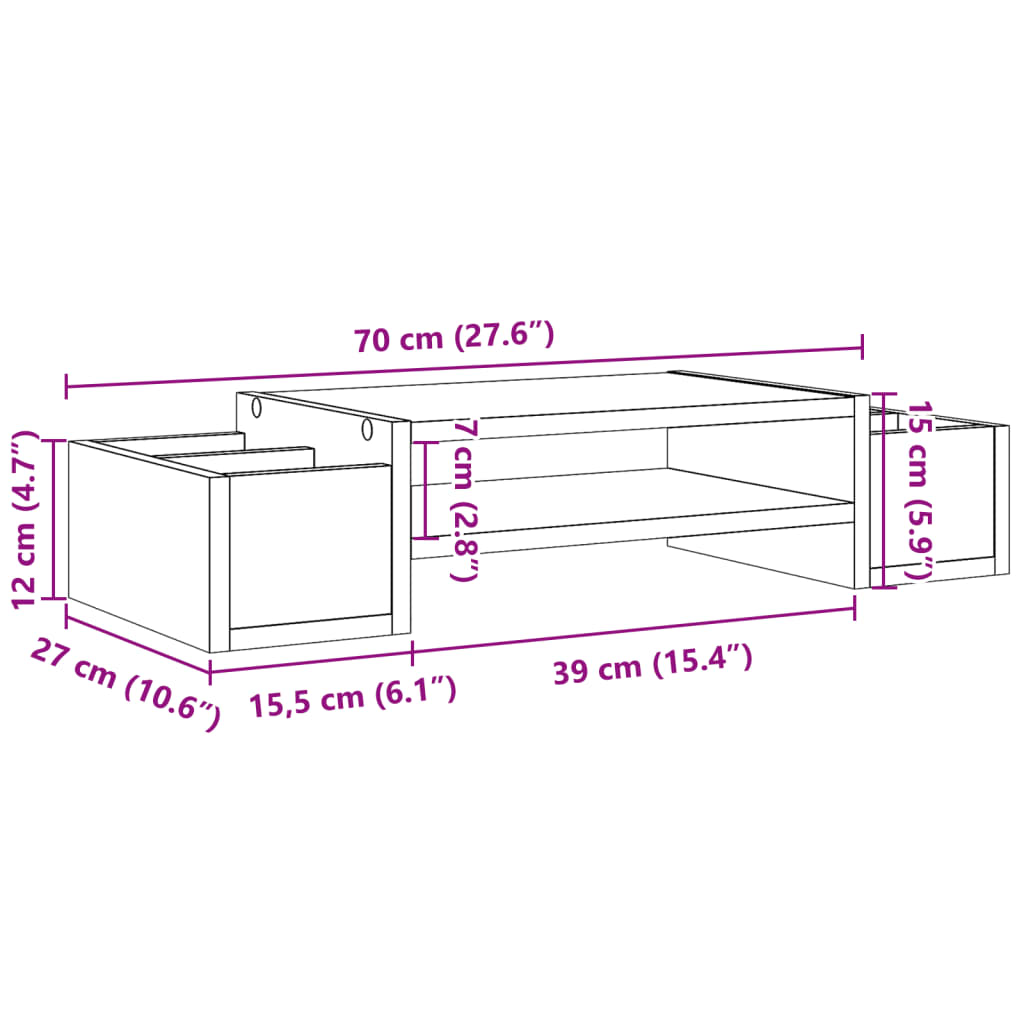 vidaXL Skjermhylle med oppbevaring brun eik 70x27x15 cm konstruert tre