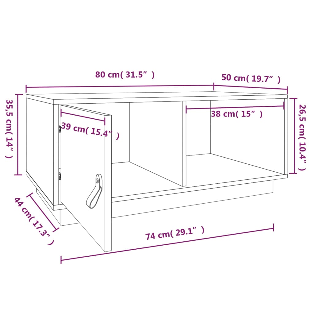 vidaXL Salongbord 80x50x35,5 cm heltre furu