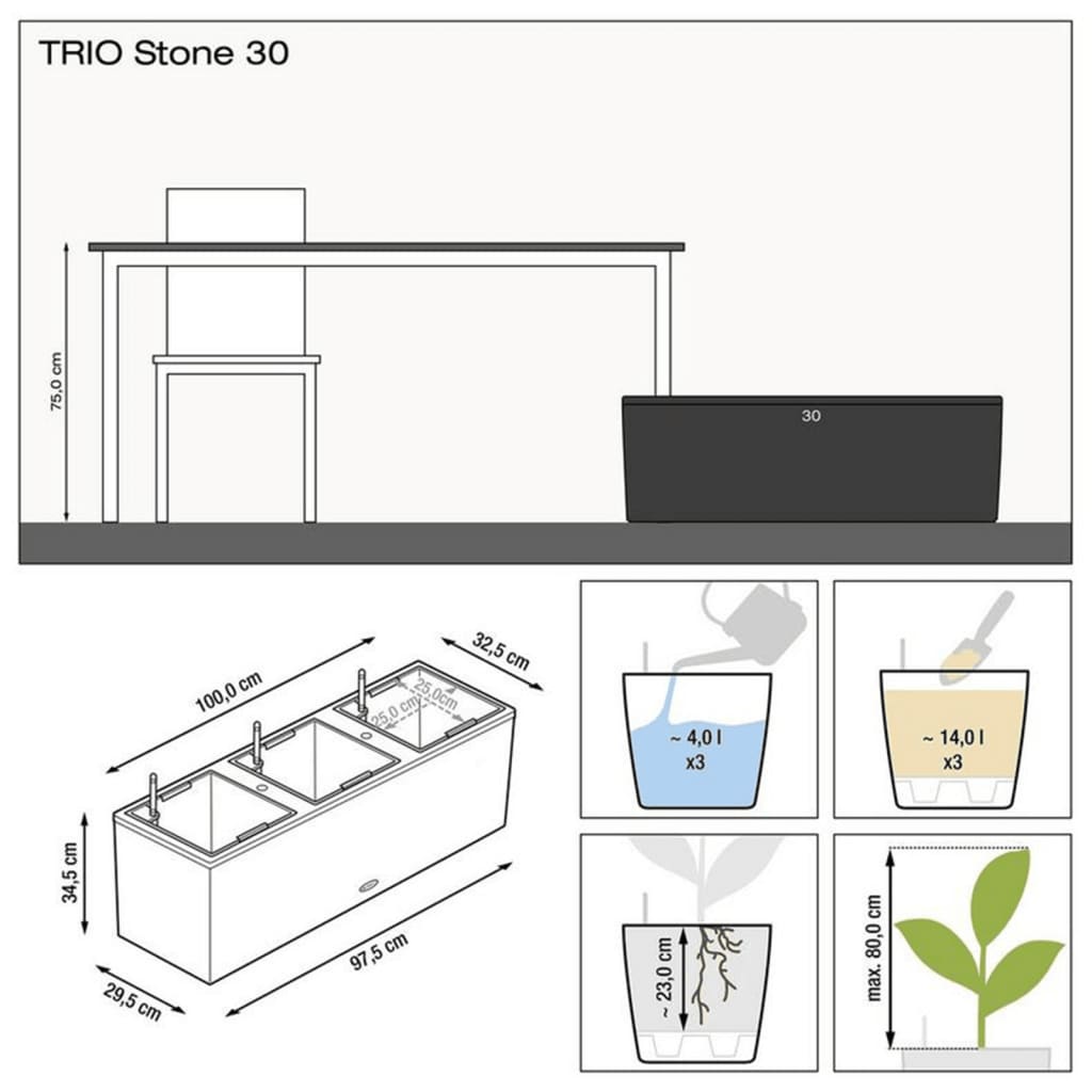LECHUZA Plantekasse TRIO Stone 30 ALL-IN-ONE steingrå