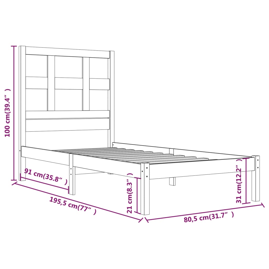 vidaXL Sengeramme svart heltre 75x190 cm 2FT6 Small Single