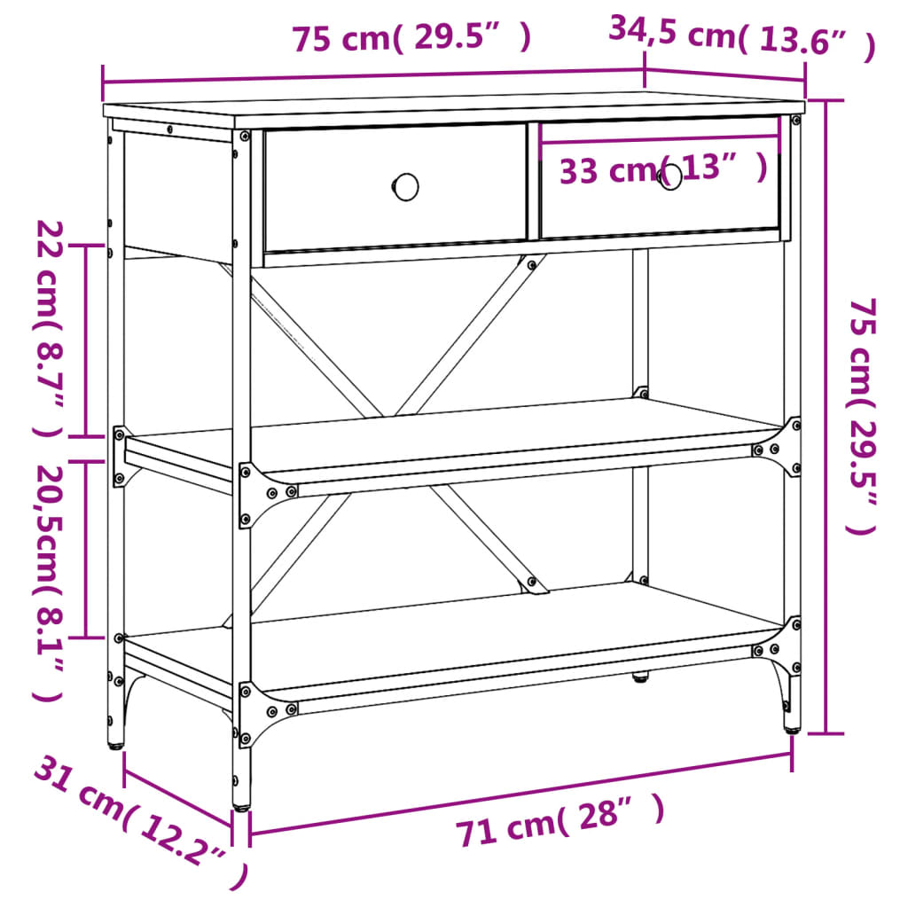 vidaXL Konsollbord sonoma eik 75x34,5x75 cm konstruert tre