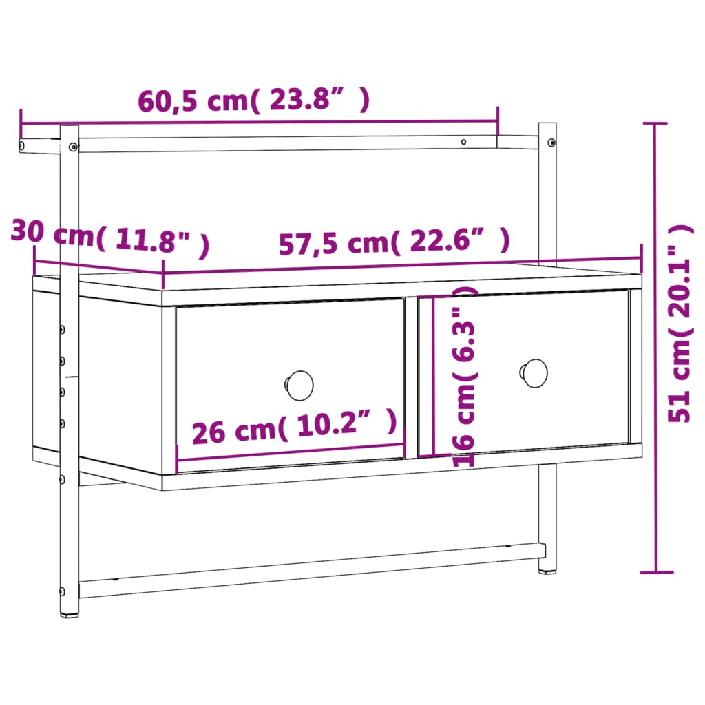 vidaXL TV-benk veggmontert grå sonoma 60,5x30x51 cm konstruert tre