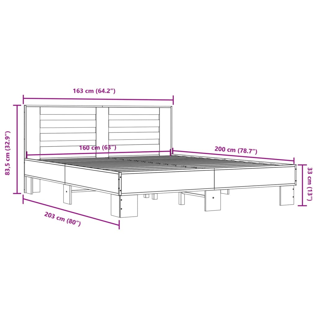 vidaXL Sengeramme røkt eik 160x200 cm konstruert tre og metall