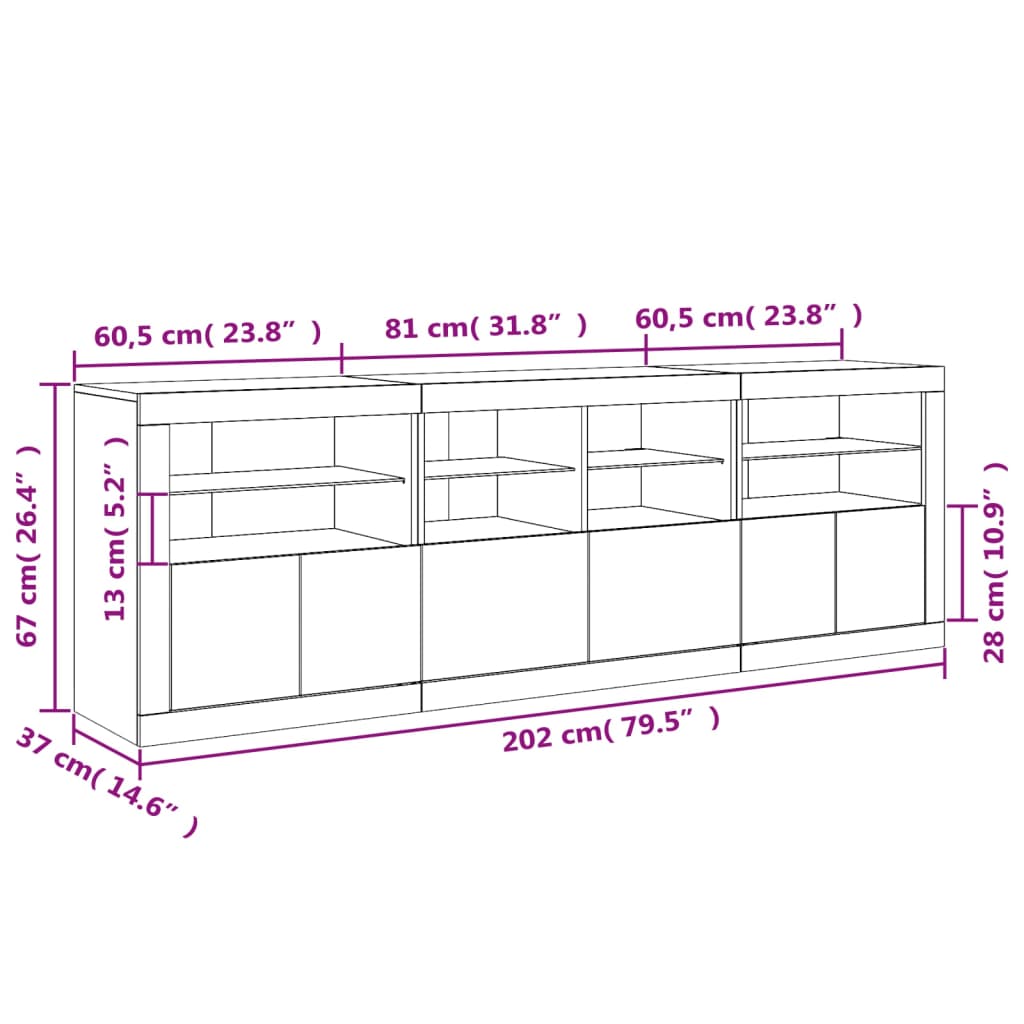 vidaXL Skjenk med LED-lys hvit 202x37x67 cm