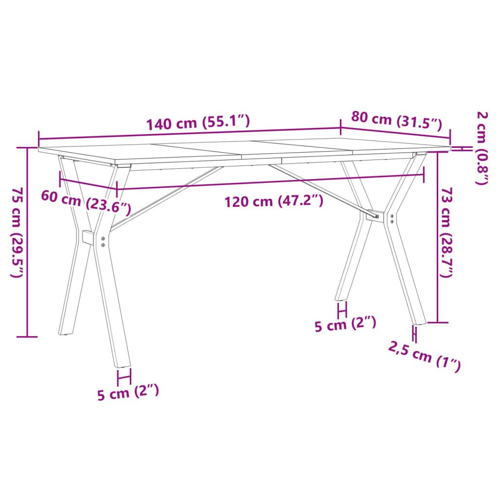 vidaXL Spisebord Y-ramme 140x80x75 cm heltre furu og støpejern