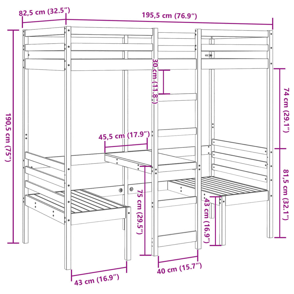 vidaXL Ramme for loftseng skrivebord stoler hvit 75x190 cm heltre furu