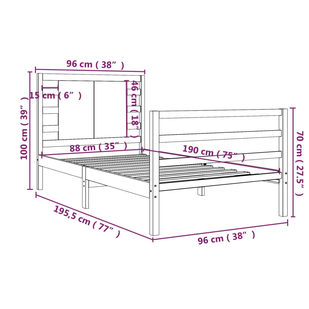 vidaXL Sengeramme hvit heltre furu 90x190 cm Single