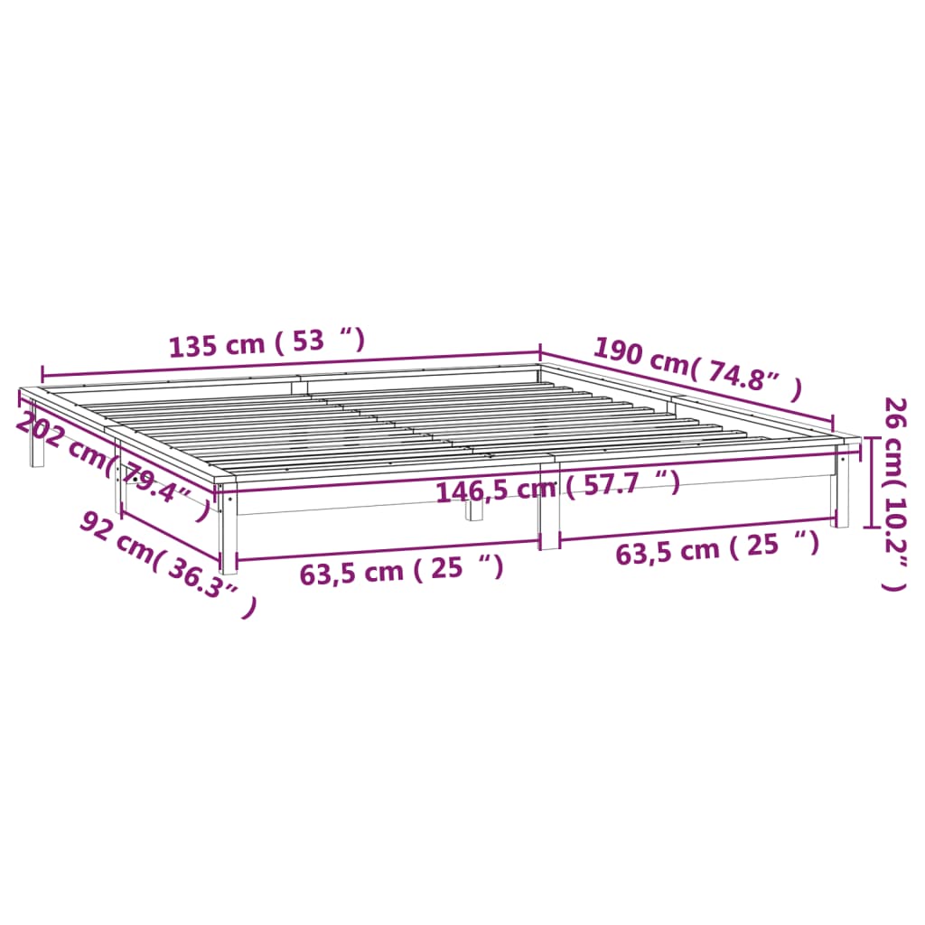 vidaXL Sengeramme med LED 135x190 cm Double heltre