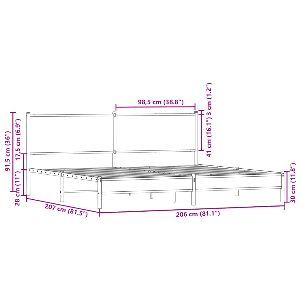 vidaXL Sengeramme i metall uten madrass brun eik 200x200 cm