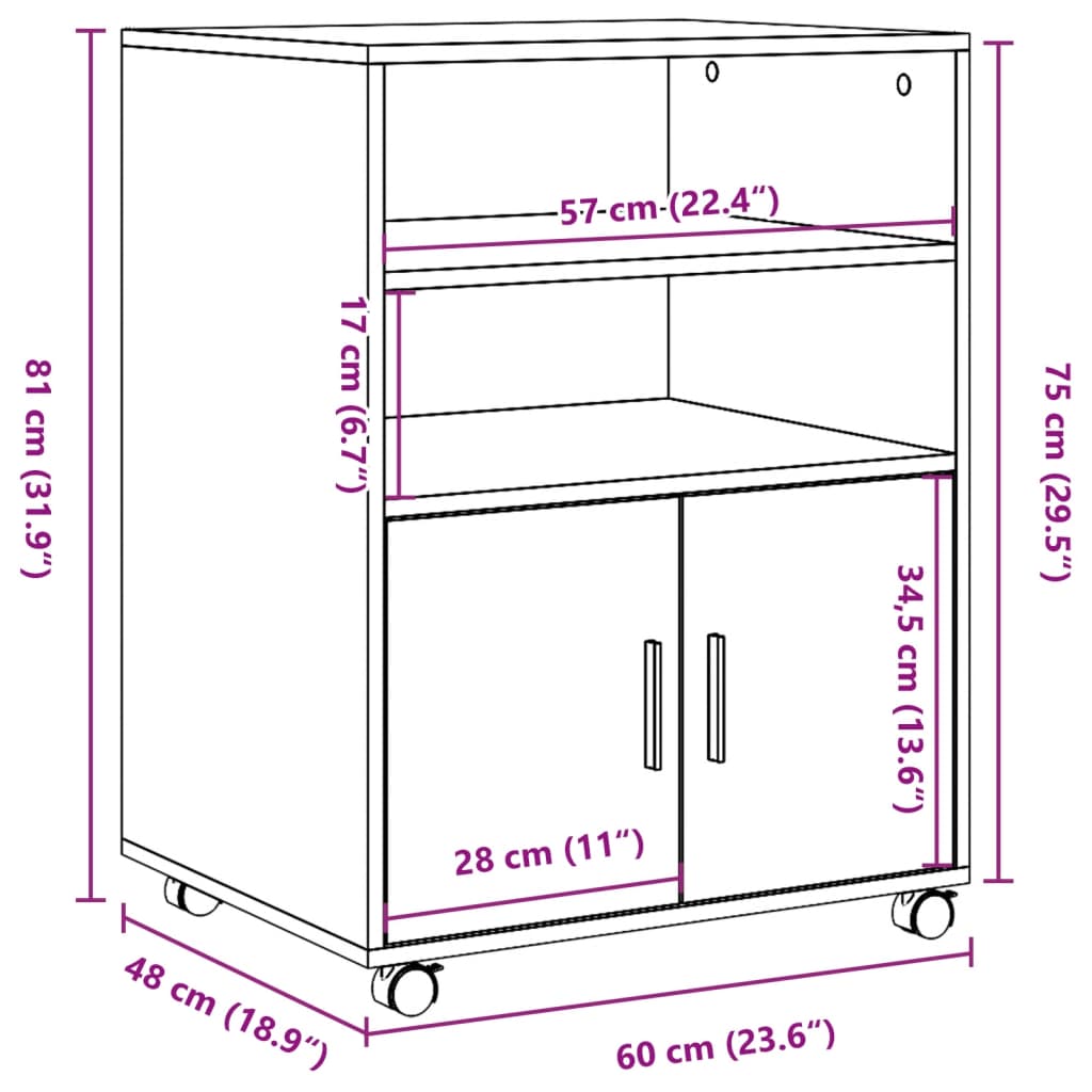 vidaXL Rulleskap betonggrå 60x48x81 cm konstruert tre