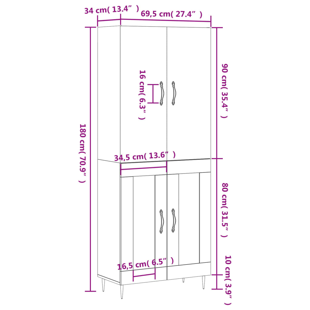 vidaXL Highboard hvit 69,5x34x180 cm konstruert tre