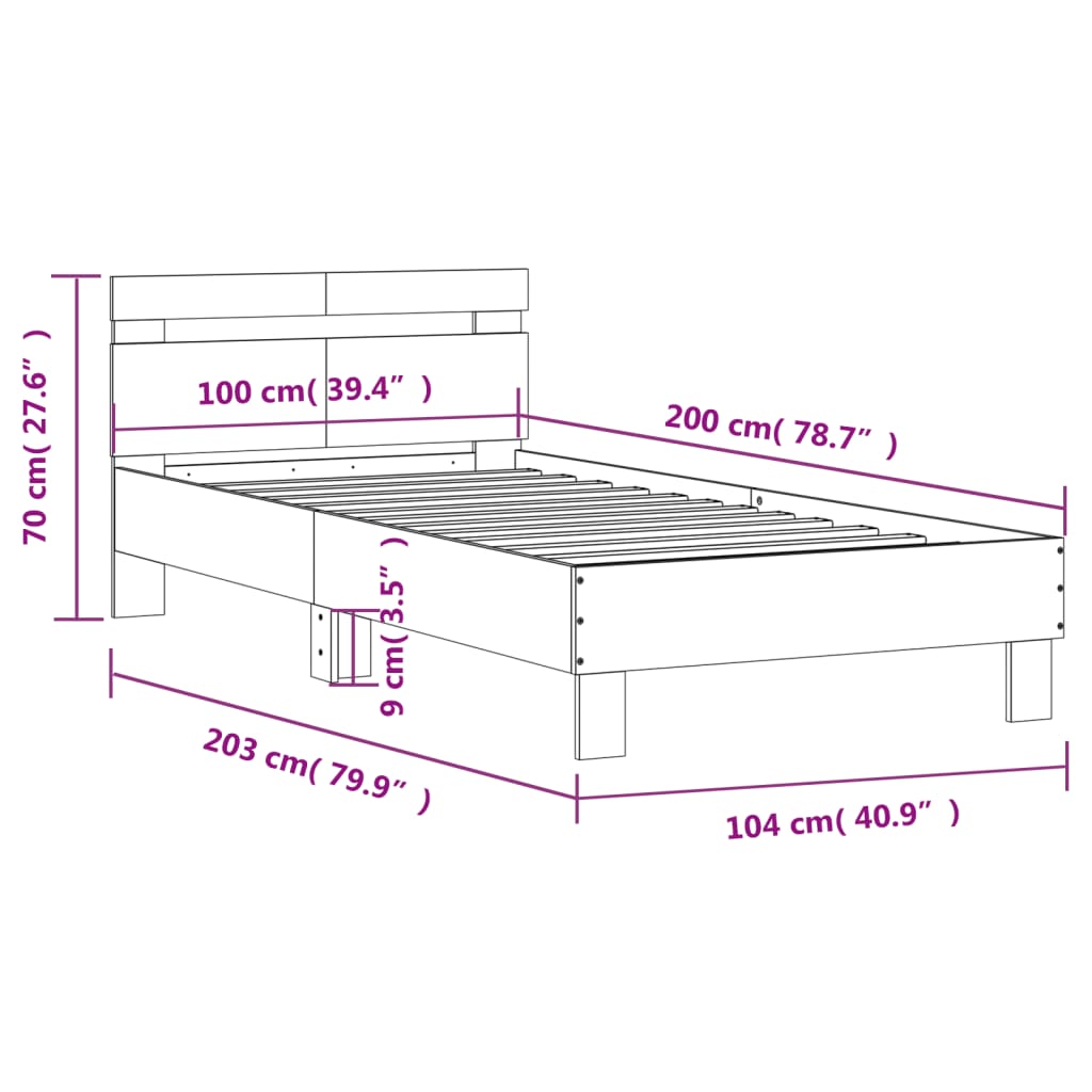 vidaXL Sengeramme med hodegavl og LED-lys sonoma eik 100x200 cm