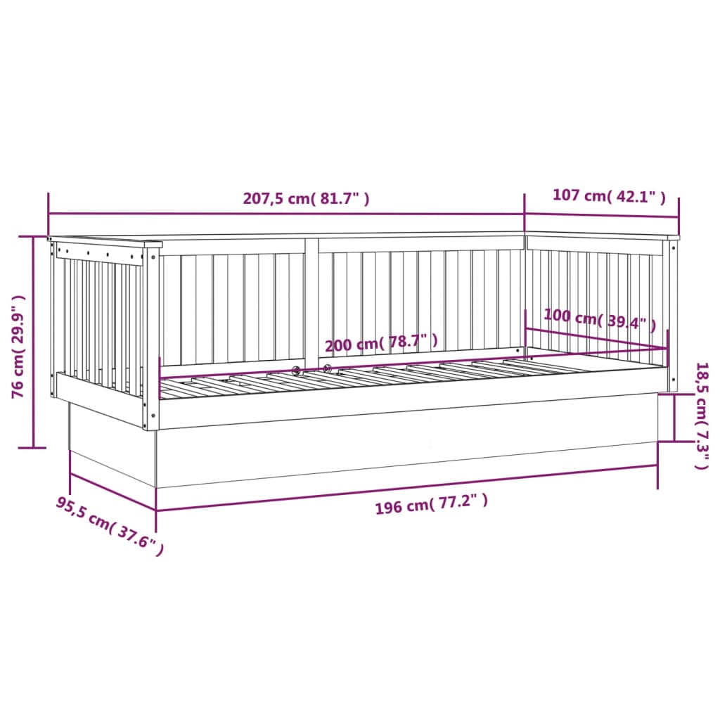 vidaXL Dagseng svart 100x200 cm heltre furu