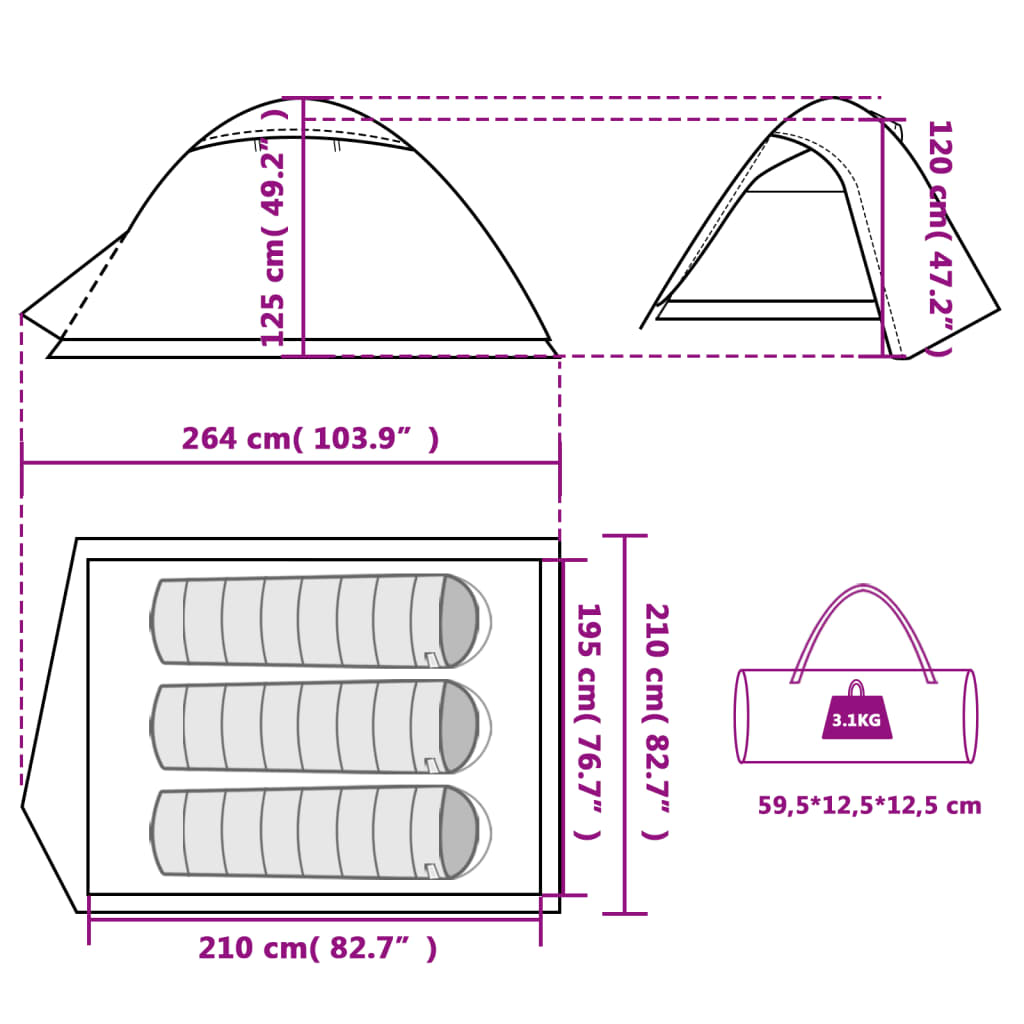 vidaXL Kuppeltelt for camping 3 personer hvit blendingsstoff vanntett
