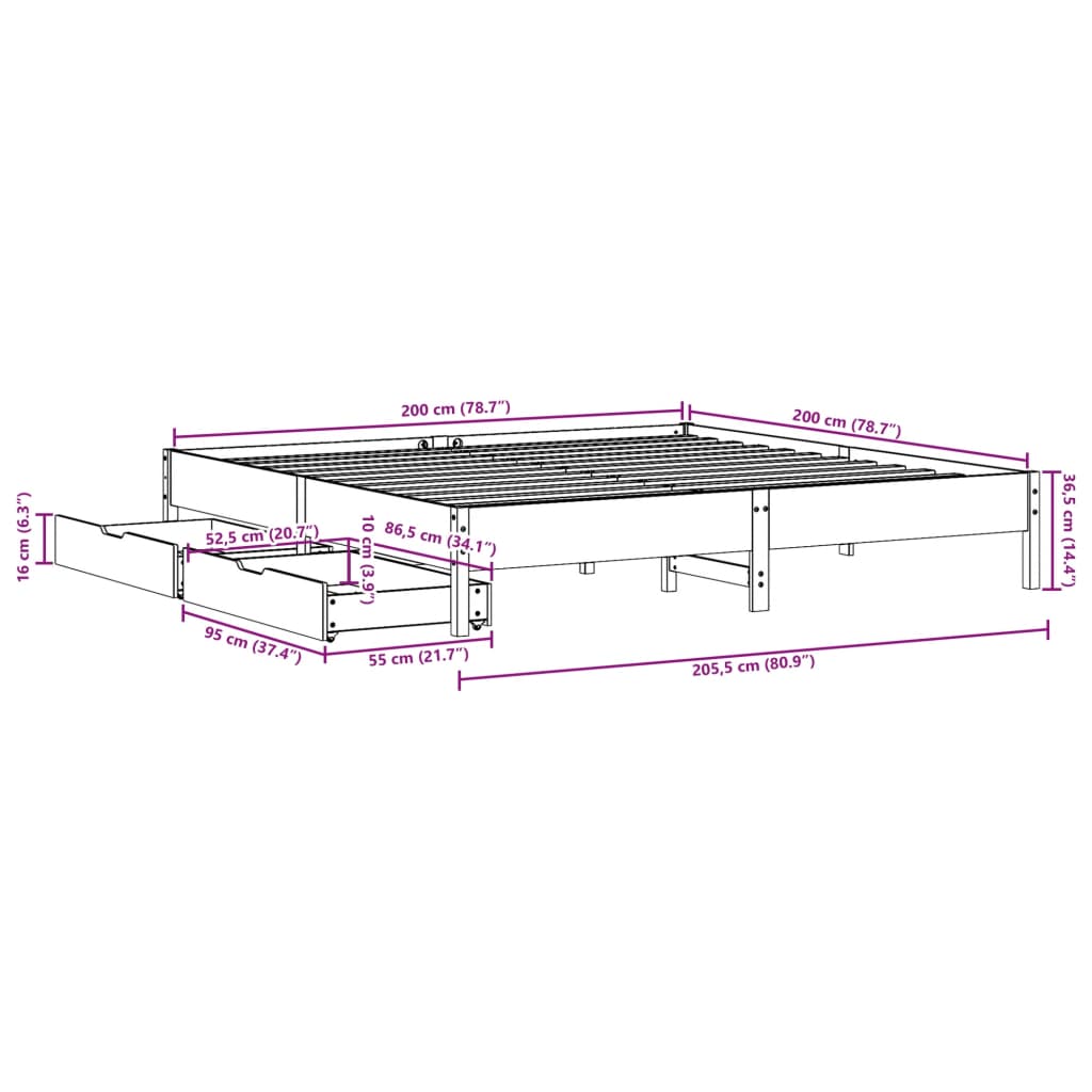 vidaXL Sengeramme uten madrass voksbrun 200x200 cm heltre furu