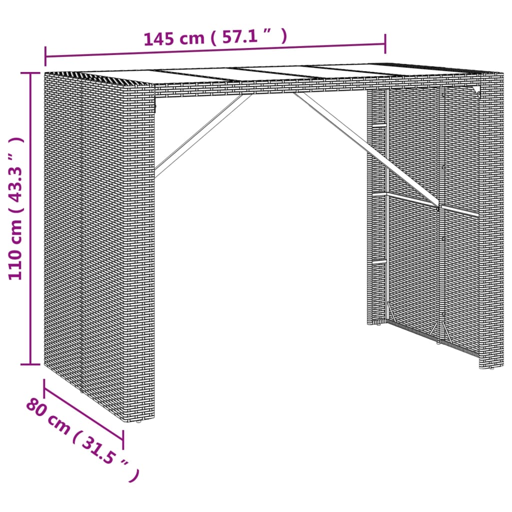 vidaXL Barbord med glassplate svart 145x80x110 cm polyrotting