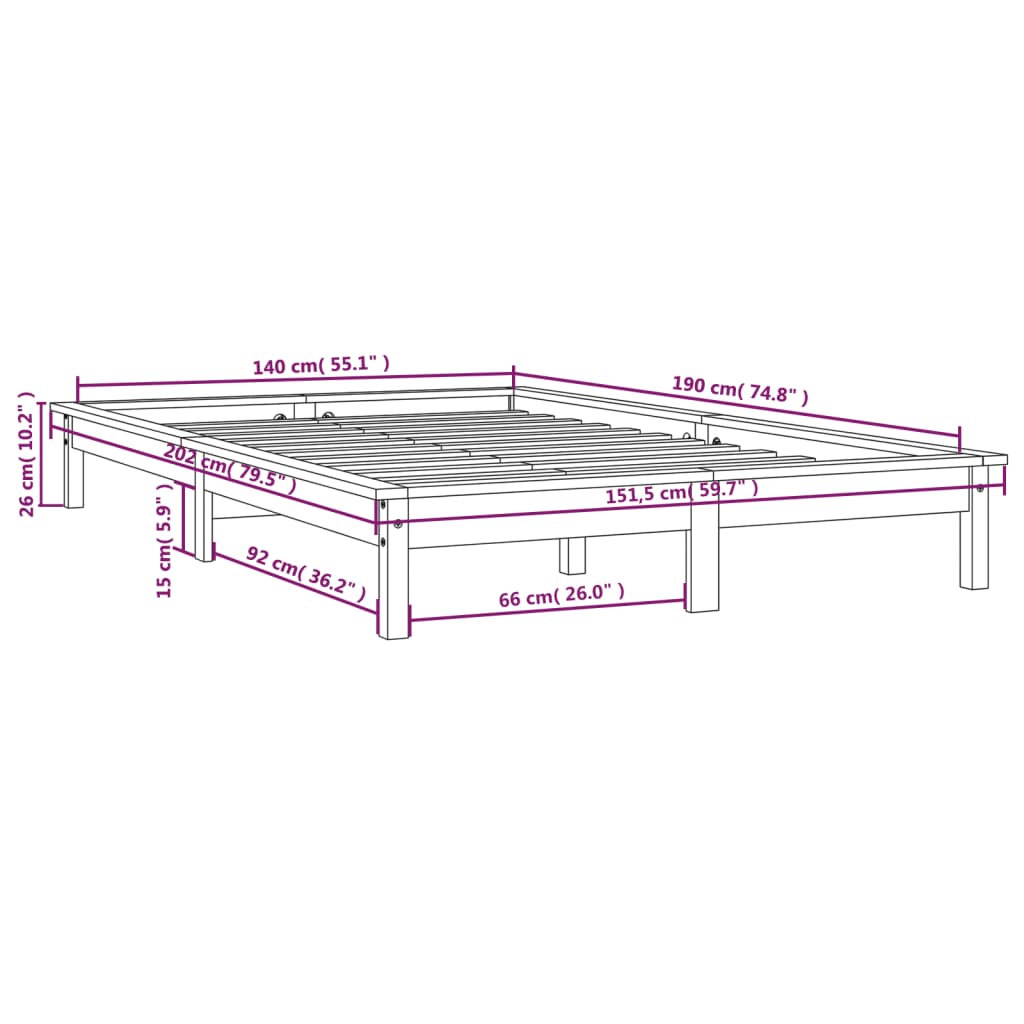 vidaXL Sengeramme grå 140x190 cm heltre furu