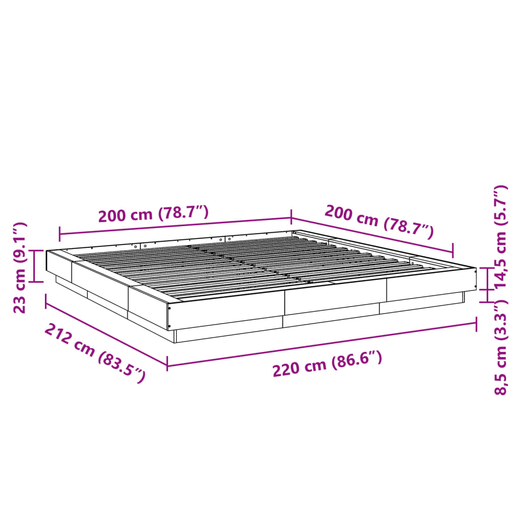 vidaXL Sengeramme med LED-lys brun eik 200x200 cm konstruert tre