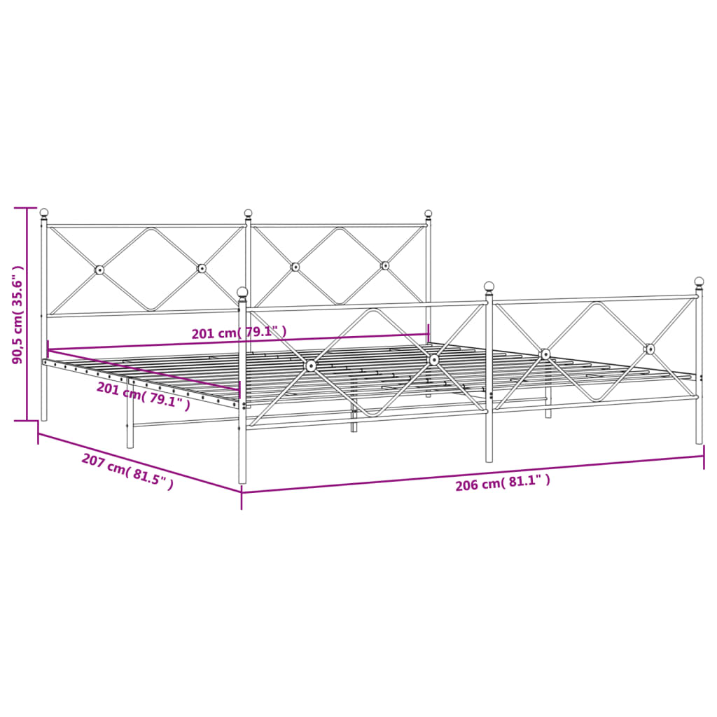 vidaXL Sengeramme i metall med hode- og fotgavl hvit 200x200 cm