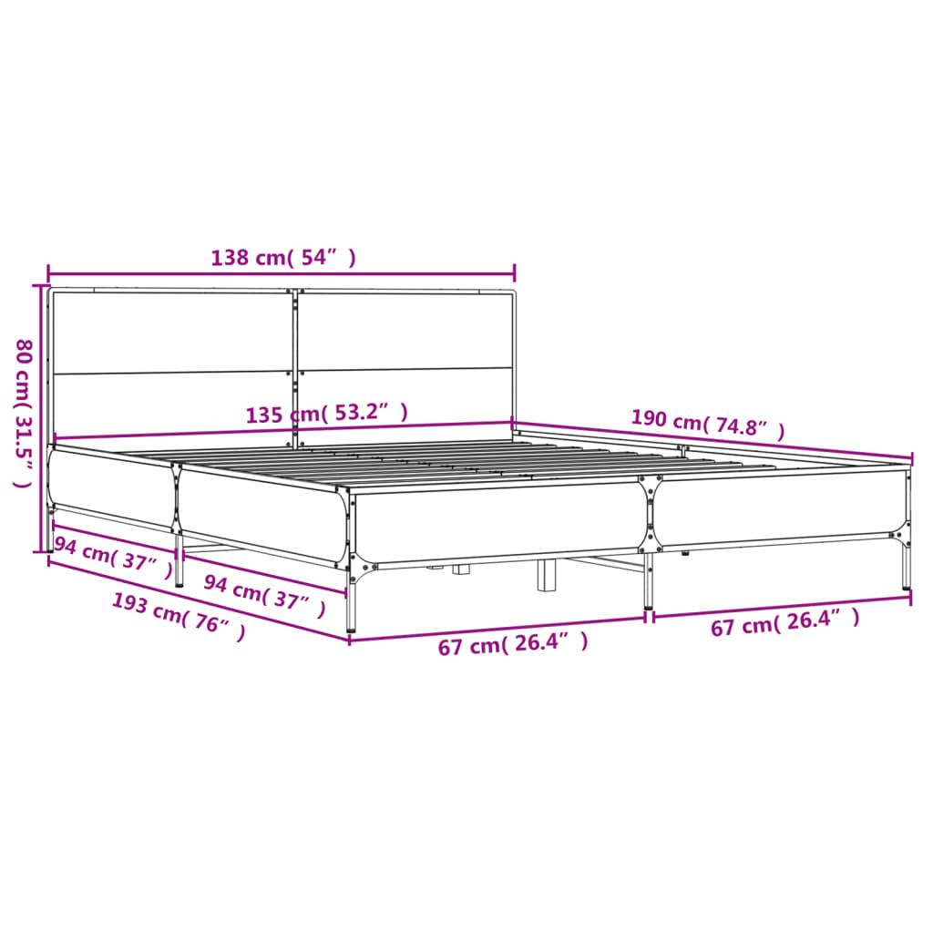 vidaXL Sengeramme røkt eik 135x190 cm konstruert tre og metall