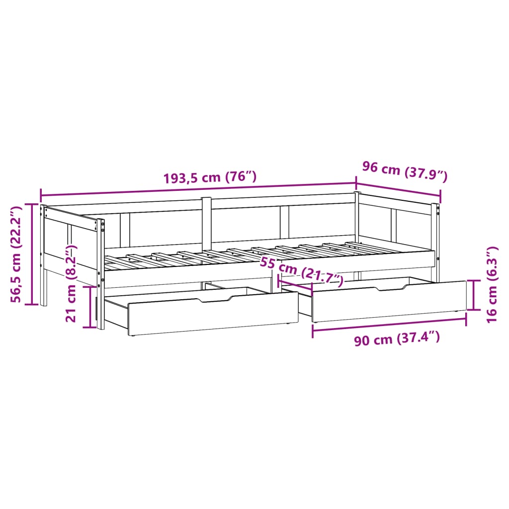 vidaXL Dagseng med skuffer hvit 90x190 cm heltre furu