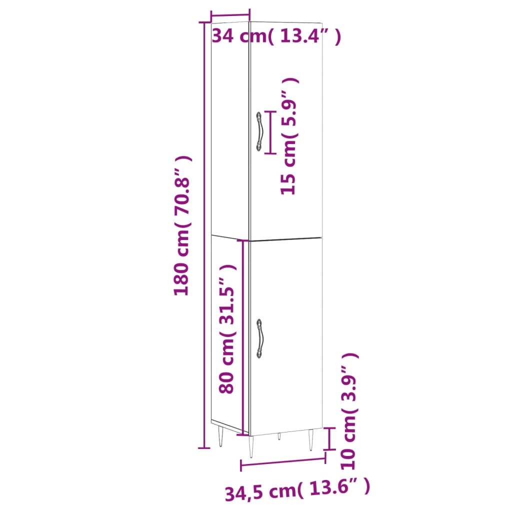 vidaXL Highboard røkt eik 34,5x34x180 cm konstruert tre