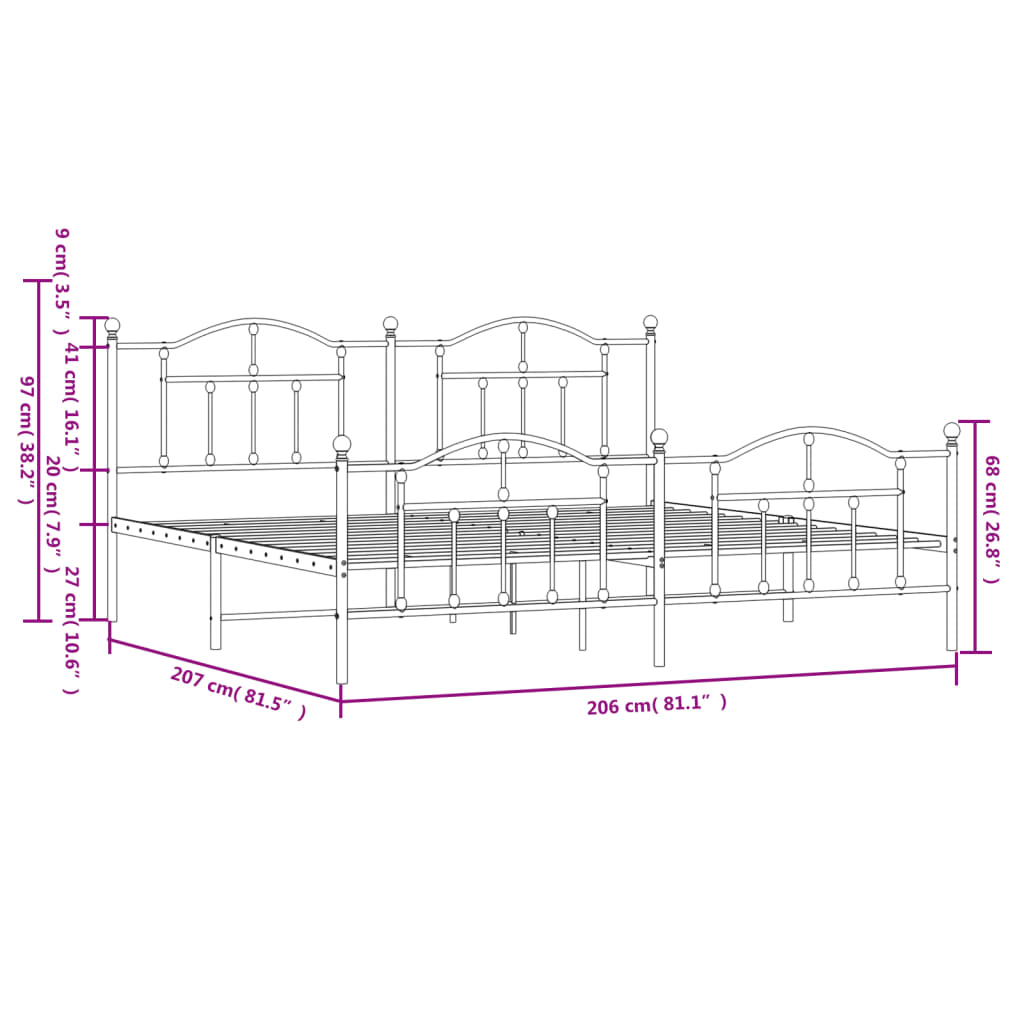 vidaXL Sengeramme i metall med hode- og fotgavl hvit 200x200 cm