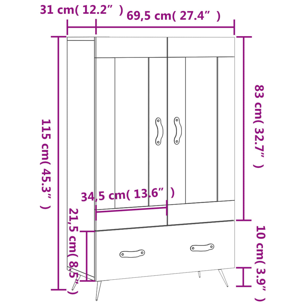 vidaXL Highboard svart 69,5x31x115 cm konstruert tre