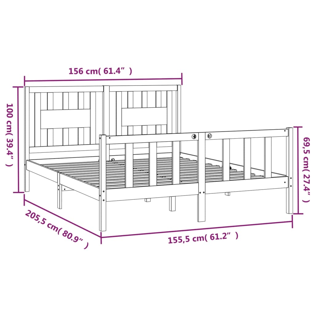 vidaXL Sengeramme med hodegavl heltre furu 150x200 cm King Size