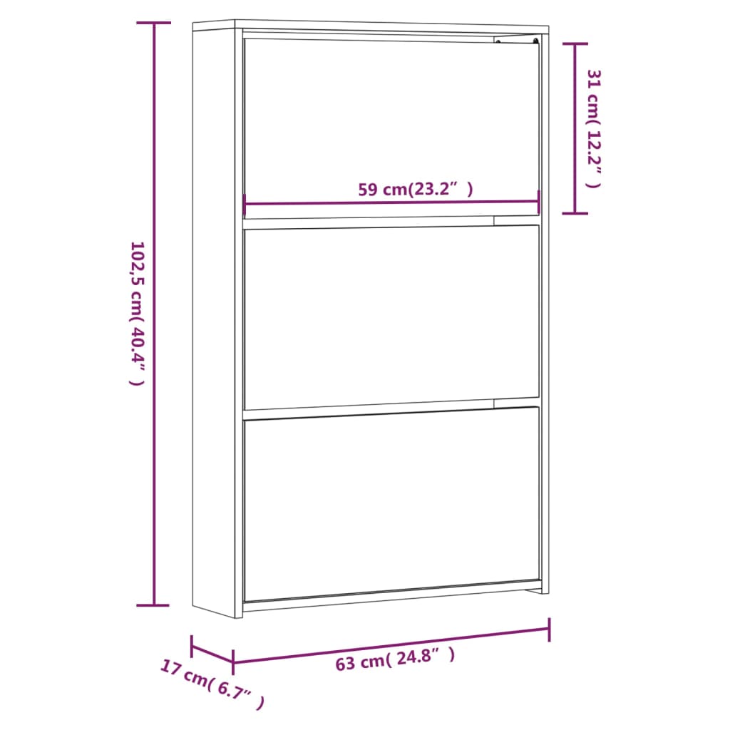 vidaXL Skoskap med speil 3 lag brun eik 63x17x102,5 cm