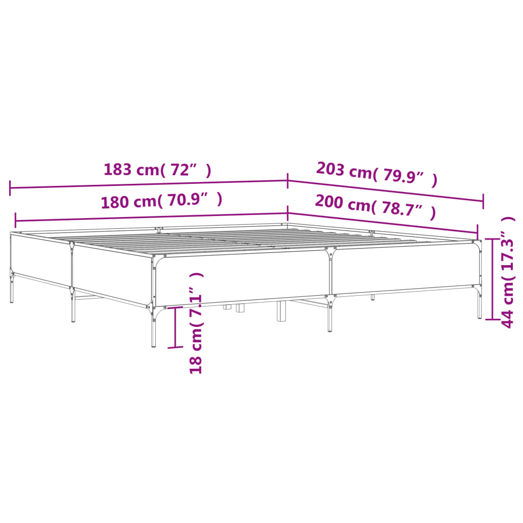 vidaXL Sengeramme røkt eik 180x200 cm konstruert tre og metall