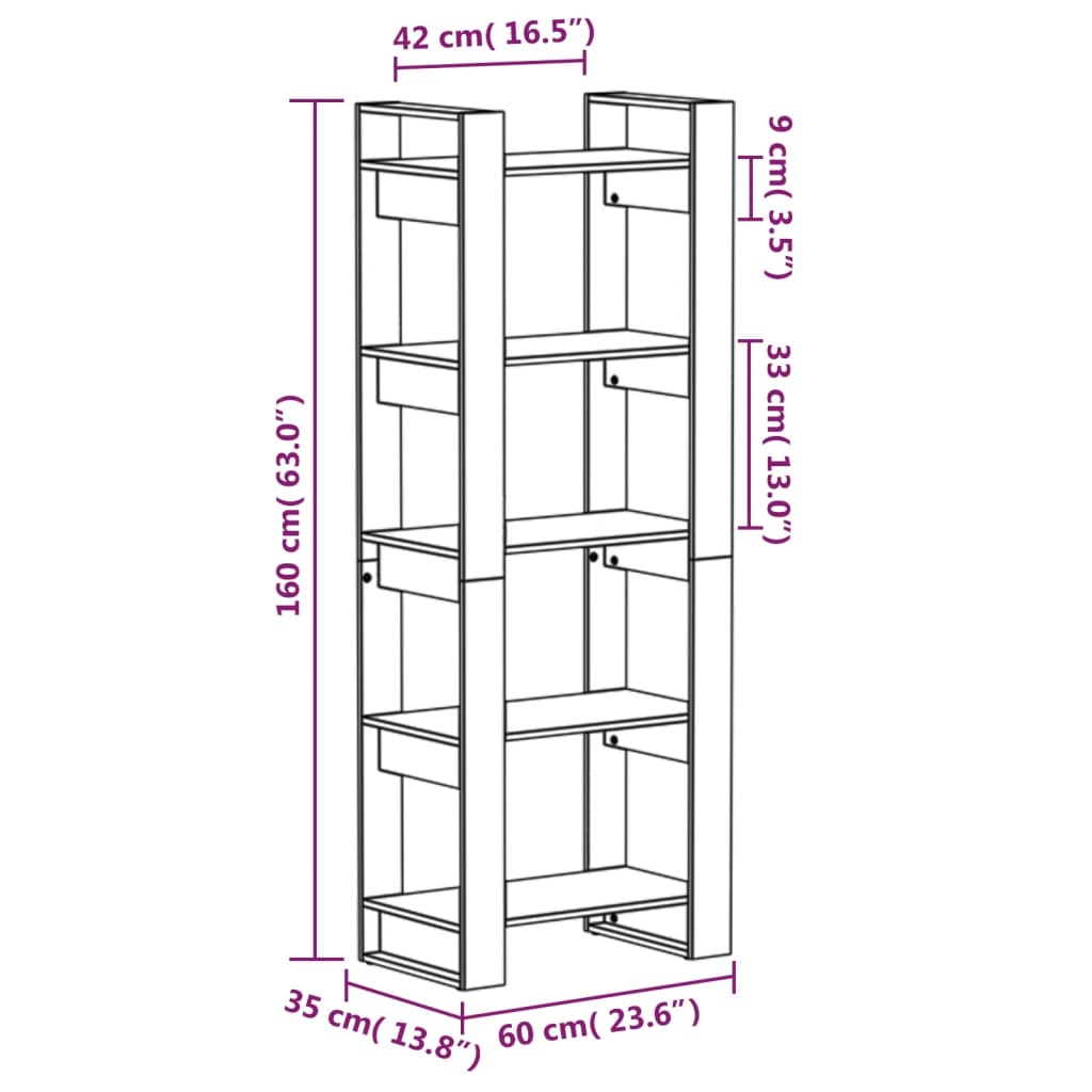 vidaXL Bokhylle/romdeler svart 60x35x160 cm heltre