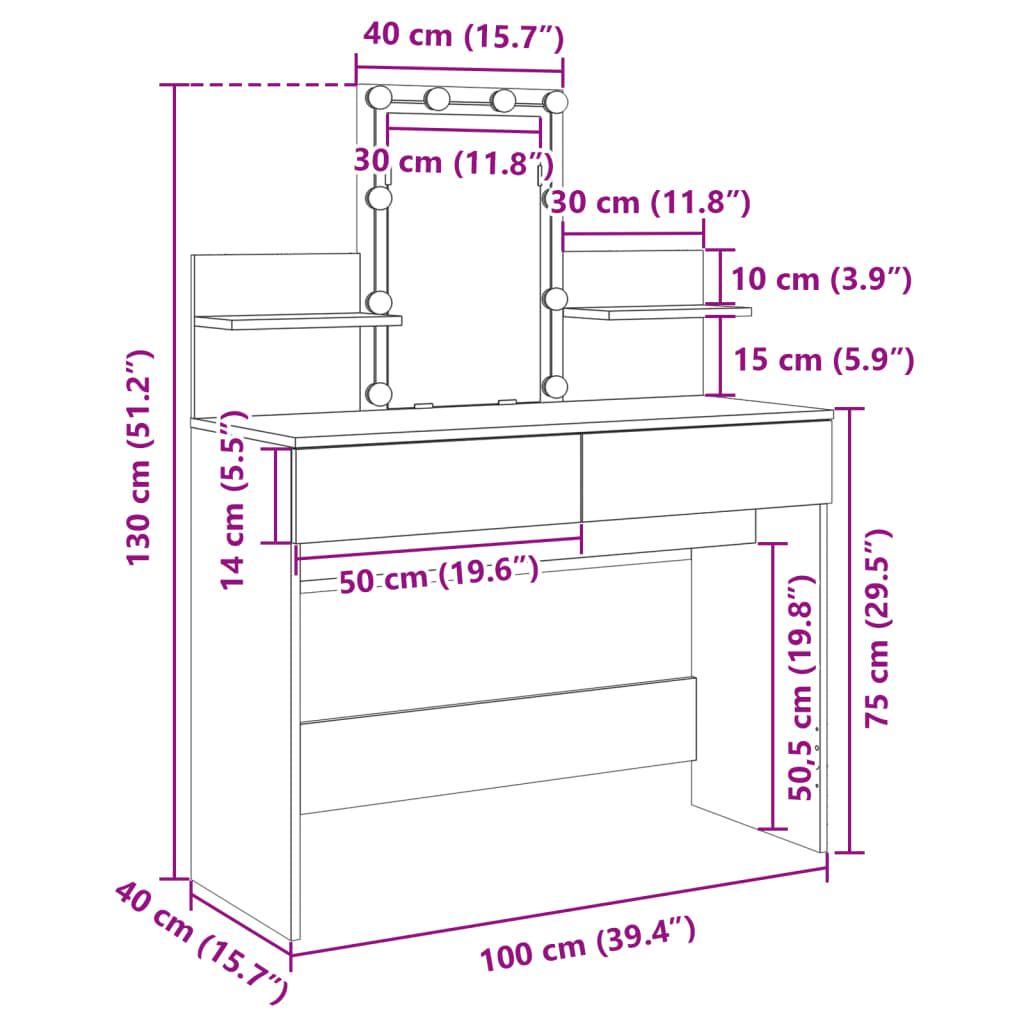 vidaXL Sminkebord med LED røkt eik 100x40x130 cm