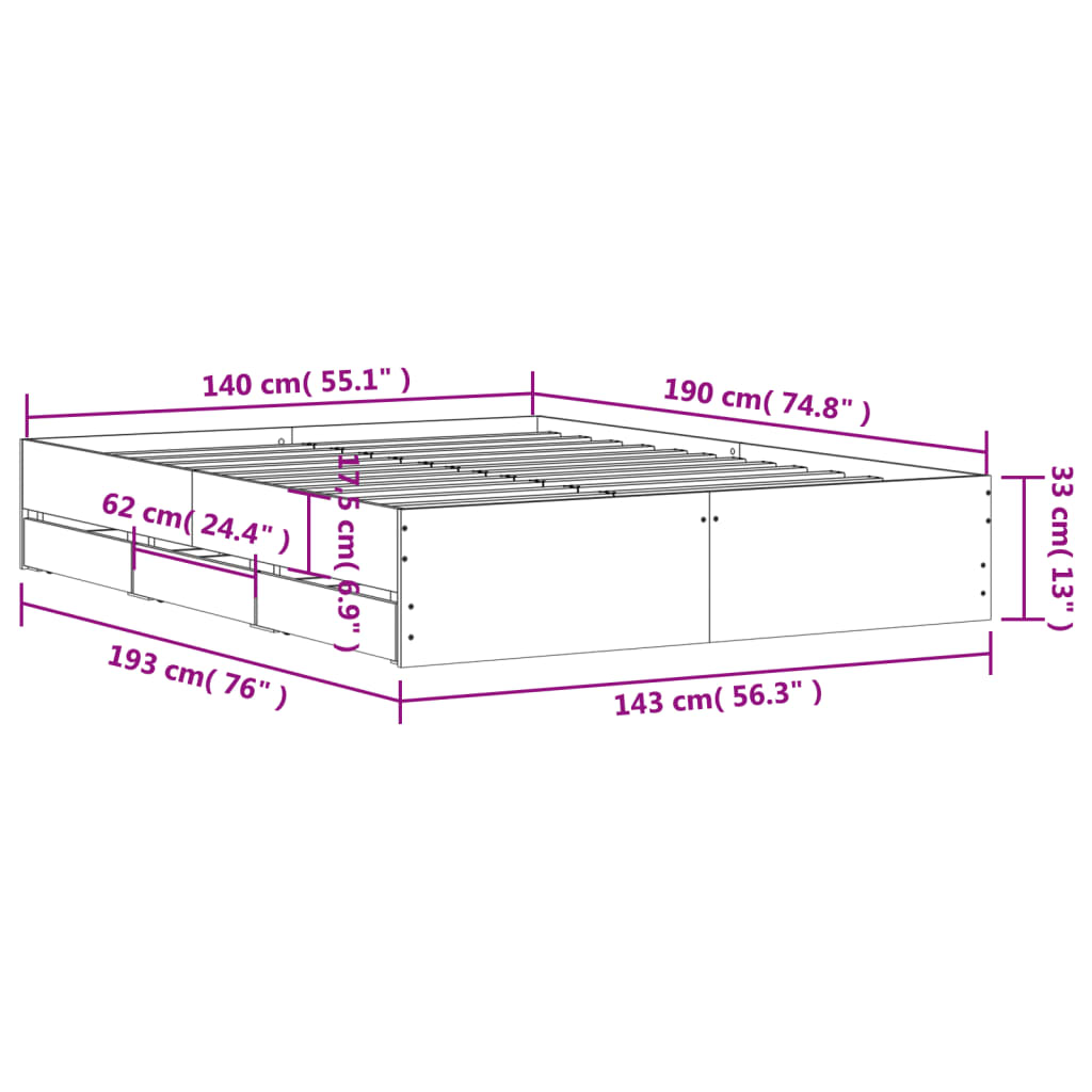 vidaXL Sengeramme med skuffer grå sonoma 140x190 cm konstruert tre