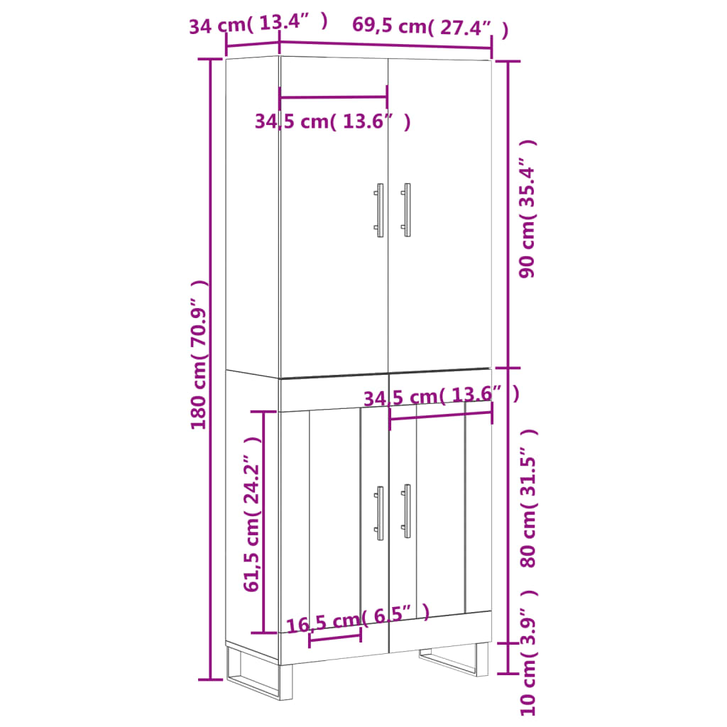 vidaXL Highboard hvit 69,5x34x180 cm konstruert tre